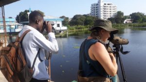 Two people bird-watching out over Bwawani Wetlands